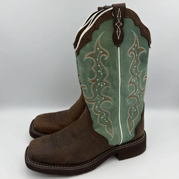 Justin Boots Women 7.5 B Gypsy Green Leather Square Toe Country Equestrian L2904 - Picture 1 of 11
